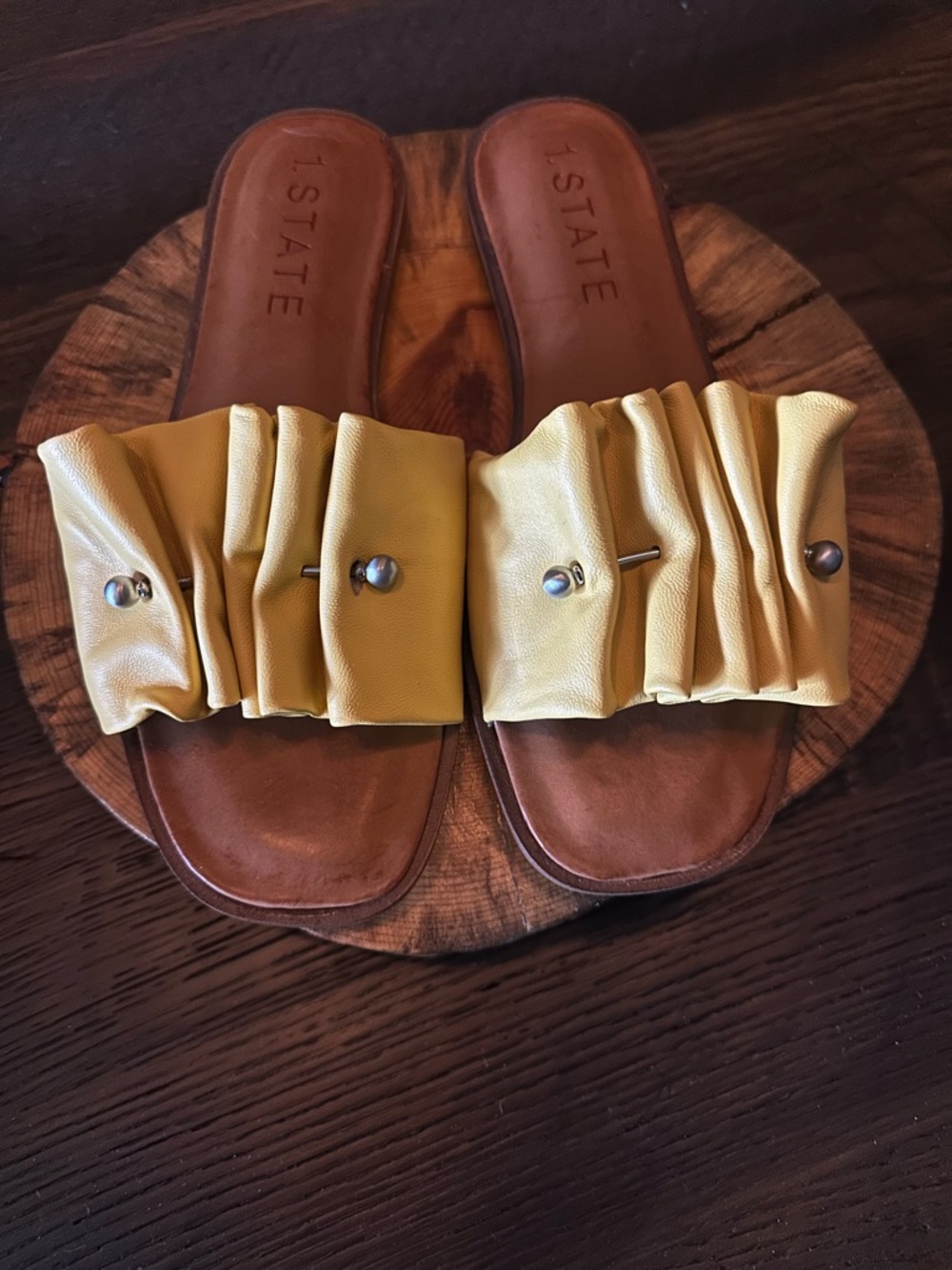 1. State Yellow Ruched Slide Sandals with Stud Detail